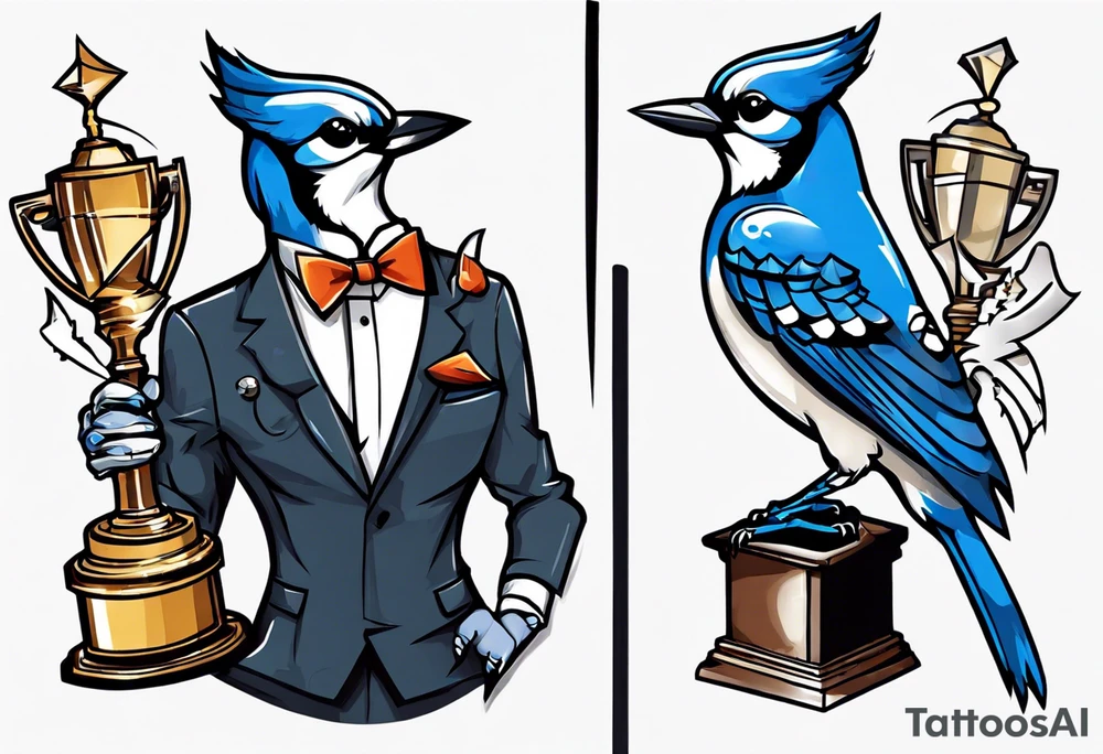 bluejay in a suit holding a trophy tattoo idea