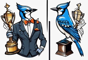 bluejay in a suit holding a trophy tattoo idea