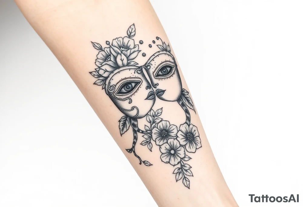 I want a two face masked tattoo with flowers, snakes , vines, jungle like all around On the forearm going down to my hand with cute flowers on it tattoo idea
