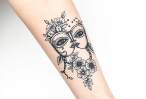 I want a two face masked tattoo with flowers, snakes , vines, jungle like all around On the forearm going down to my hand with cute flowers on it tattoo idea