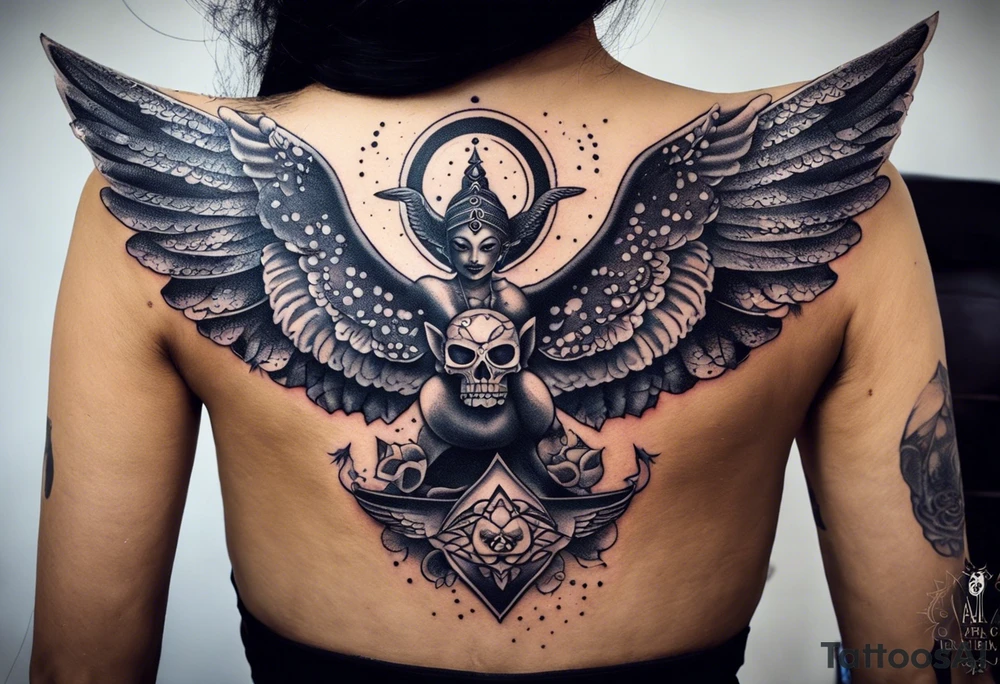 black kali, goddess pirate, alien, angel, pachamama, valkrye, warrior, flying, skull, lotus azul, wing, eagle, zenza resonance, stars, 5D, anahata chakra, death, durga, riding on a tiger, flying lady, chest tatoo tattoo idea