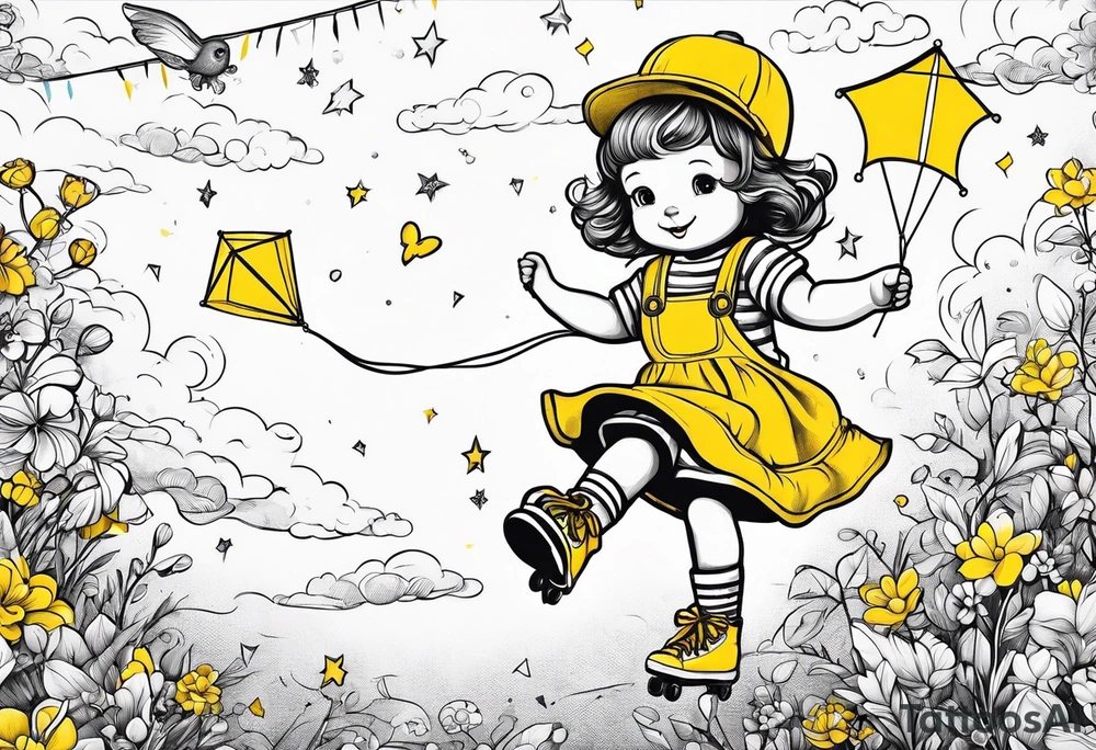 a little girl in a dress & a teddy bear in roller skates and yellow overalls, flying kites tattoo idea