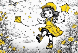 a little girl in a dress & a teddy bear in roller skates and yellow overalls, flying kites tattoo idea
