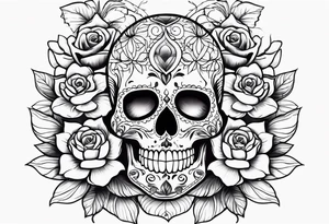 Sugar skull with roses daisies and water lilies for half sleeve tattoo idea