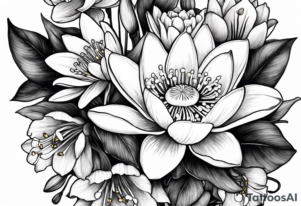 Water Lily, Lily of the Valley, Narcissus, and Gladiolus flower bouquet tattoo idea