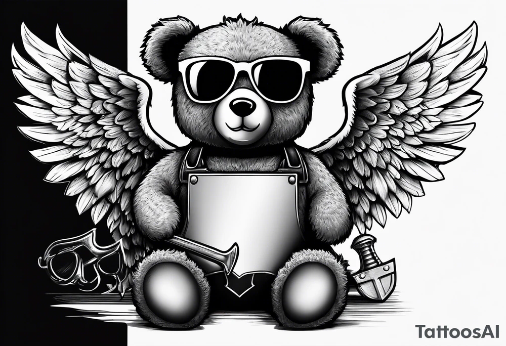 Teddy bear with angel wings wearing sunglasses holding a hammer tattoo idea