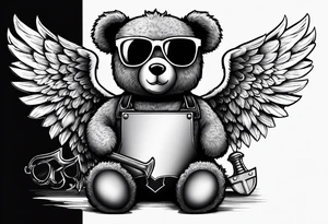 Teddy bear with angel wings wearing sunglasses holding a hammer tattoo idea
