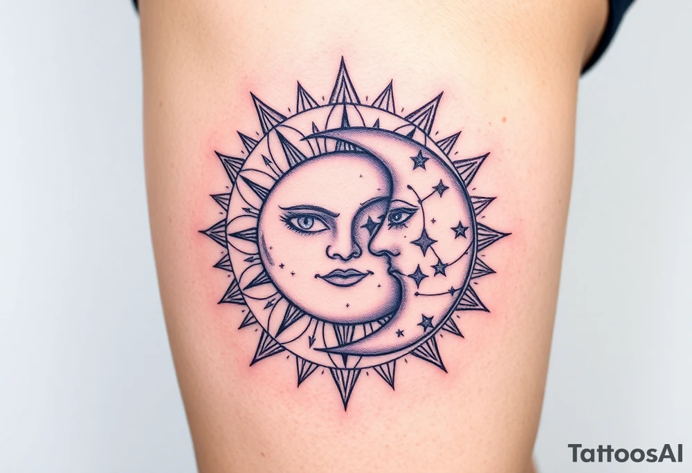 celestial sun and moon embrace with constellation patterns tattoo idea