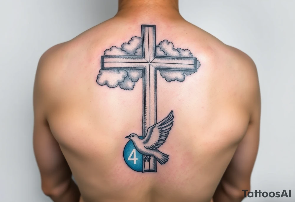 Big cross with clouds in the back with a dove a the bottom left of the forearm with a blue circle around it and the number 4 to the of the dove. all on forearm tattoo idea