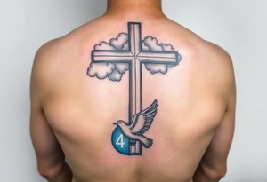Big cross with clouds in the back with a dove a the bottom left of the forearm with a blue circle around it and the number 4 to the of the dove. all on forearm tattoo idea
