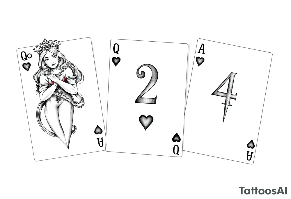 3 playing cards a Queen of heart, 2 of hearts and a 4 of hearts tattoo idea