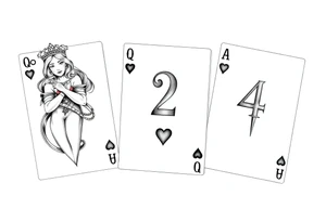 3 playing cards a Queen of heart, 2 of hearts and a 4 of hearts tattoo idea