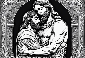 Jesus Christ wrapping his arms around a man in the fetal position. tattoo idea