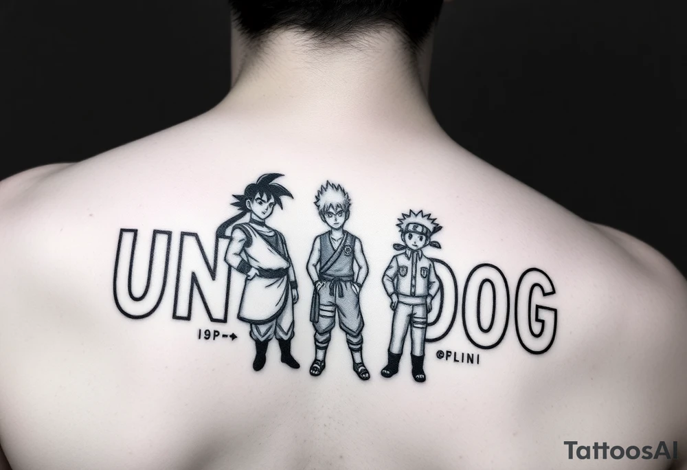 the word underdog in a with 3 anime characters Goku ippo and Naruto one standing in the middle one standing on the right and one standing on the left
 on a shoulder tattoo idea