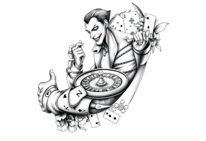 Gambling theme with the joker number 13 with roulette table slot machines and cards tattoo idea