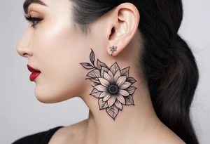 Small curve flower tattoo to go behind the ear with hanging pieces tattoo idea