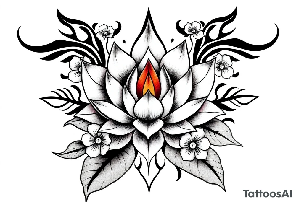 Lotus flower surrounded by forget me nots and peonies tattoo idea