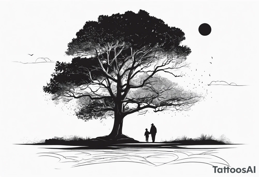 A tree, underneath the tree place an old man and his adult son into distance, same side of tree tattoo idea