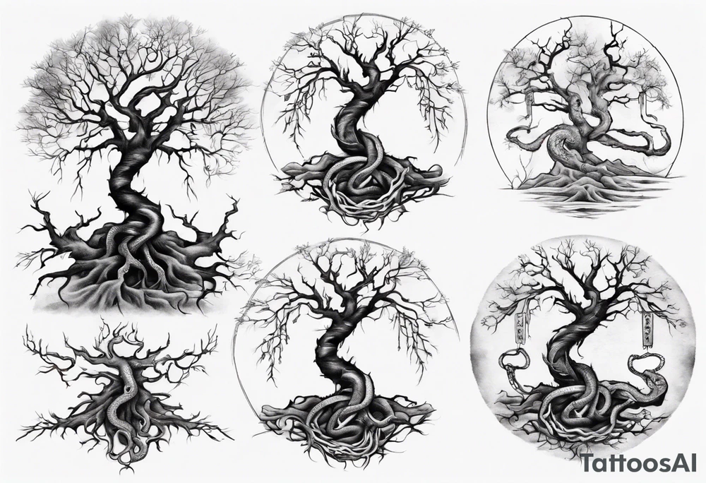 a bare tree with a serpent weaving through the tree roots tattoo idea