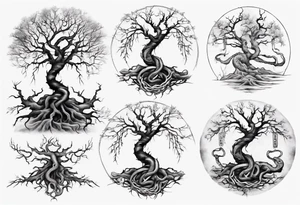 a bare tree with a serpent weaving through the tree roots tattoo idea