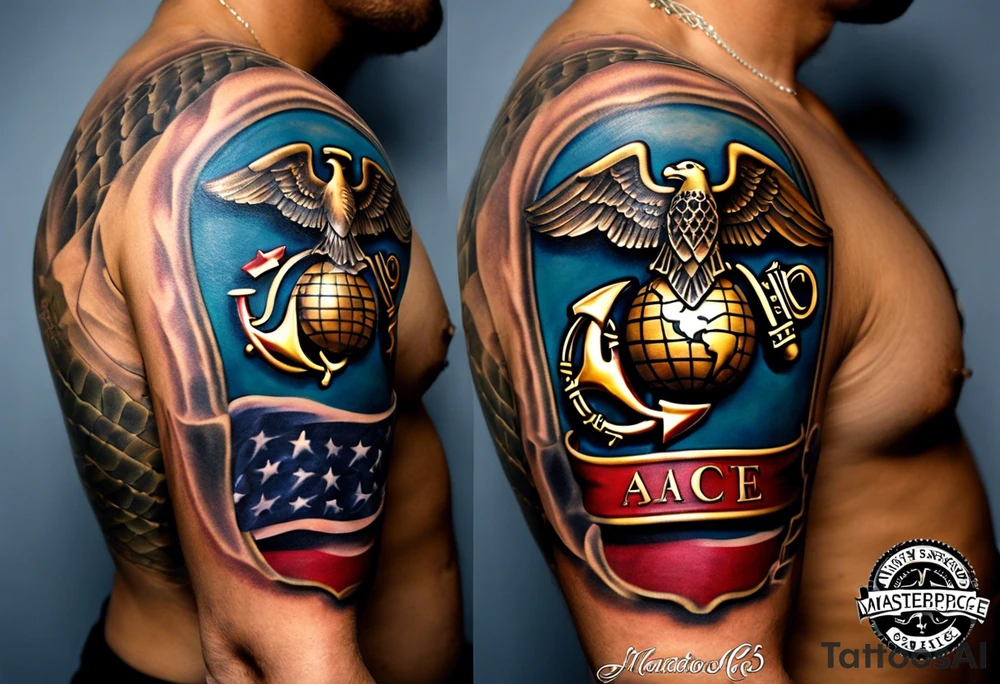 A Marine Corps sleeve tattoo with a memorial theme typically incorporates elements that honor fallen comrades or signify remembrance. Here’s a detailed description:

The tattoo begins at the shoulder, where the Marine Corps emblem, the eagle, globe, and anchor, is prominently displayed. The eagle is tattoo idea