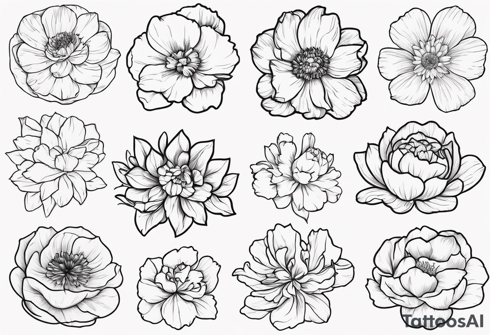 8 flowers to symboize 8 family design : 
peony, carnation, daffodil, daphne, dahlia, desiree, daisy and rose and label the flower name tattoo idea