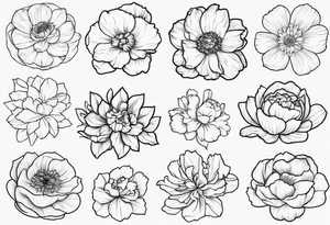 8 flowers to symboize 8 family design : 
peony, carnation, daffodil, daphne, dahlia, desiree, daisy and rose and label the flower name tattoo idea
