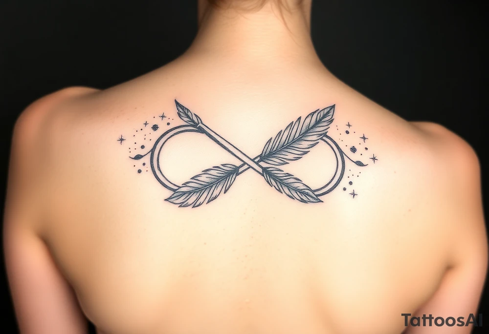 infinity symbol woven with floating feathers and stardust tattoo idea