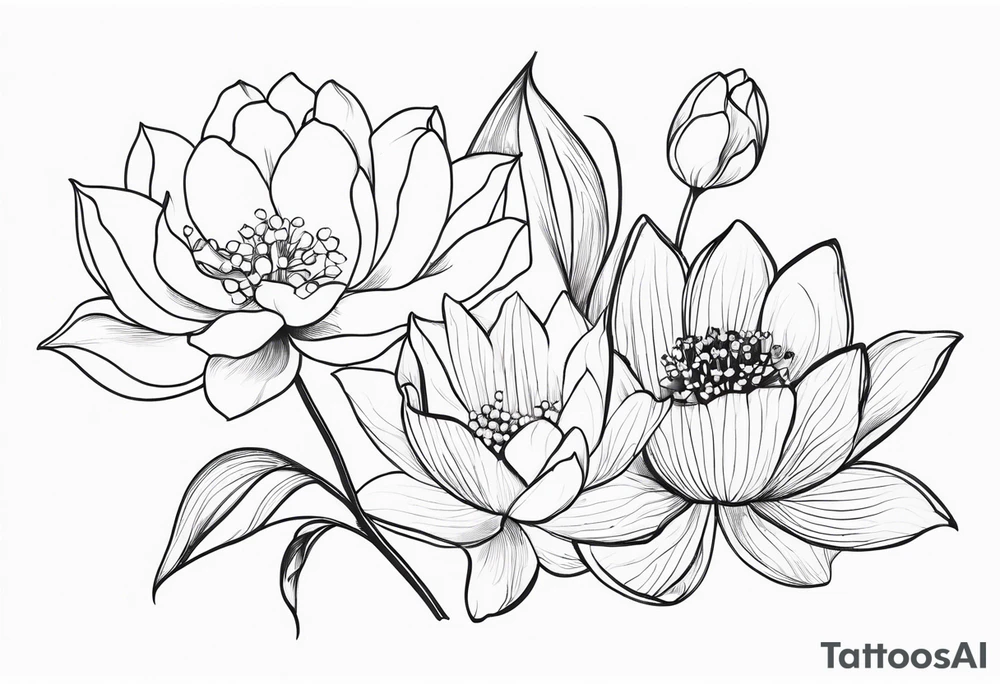 Thin line lotus dogwood lily of the valley and peony tattoo idea