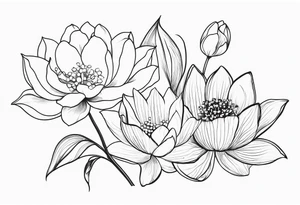 Thin line lotus dogwood lily of the valley and peony tattoo idea