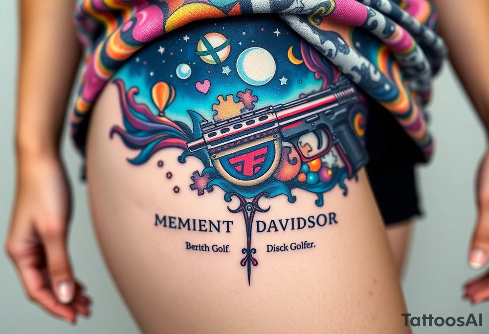 colorful futuristic memory tattoo for passed boyfriend;, star wars, Harley Davidson, skateboarding, puzzle pieces, video games, heaven, god, outdoors, beretta 9mm gun, disc golf, words MEMENTO MORI & DARTH CARTER tattoo idea