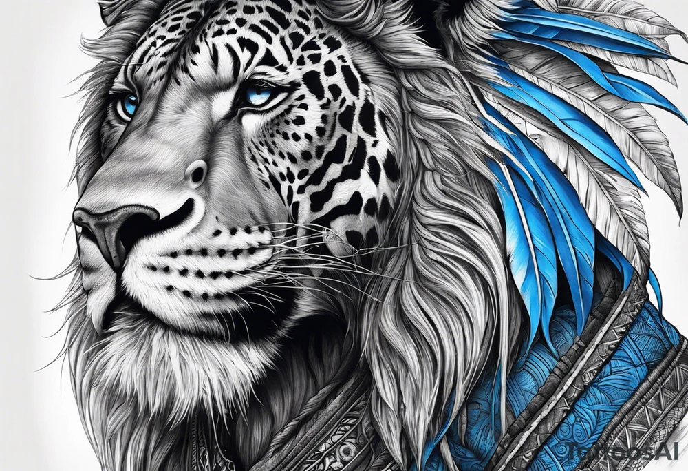 guerreiro africano realista em preto e cinza com tons de azul
 no fudo de savana tattoo idea