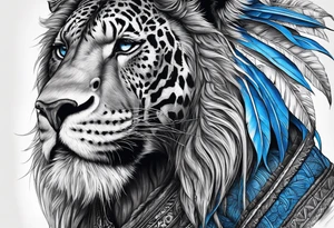 guerreiro africano realista em preto e cinza com tons de azul
 no fudo de savana tattoo idea