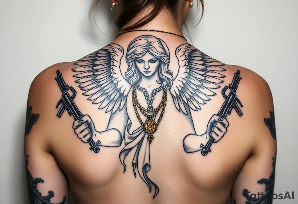 old angel statue in criminal style, tattooed and at the same time contemporary, weapons in hand, gangster-style gold necklaces tattoo idea