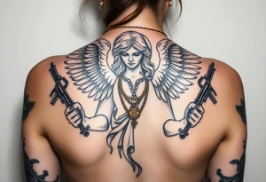 old angel statue in criminal style, tattooed and at the same time contemporary, weapons in hand, gangster-style gold necklaces tattoo idea