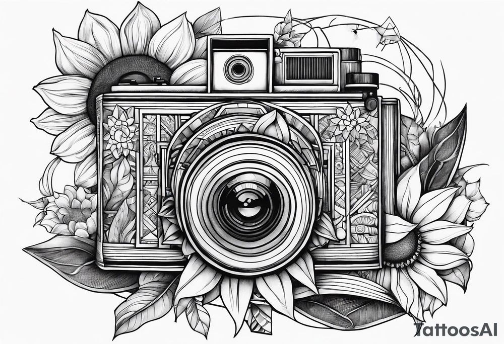 Géométric, sunflower, book, camera, fish tattoo idea
