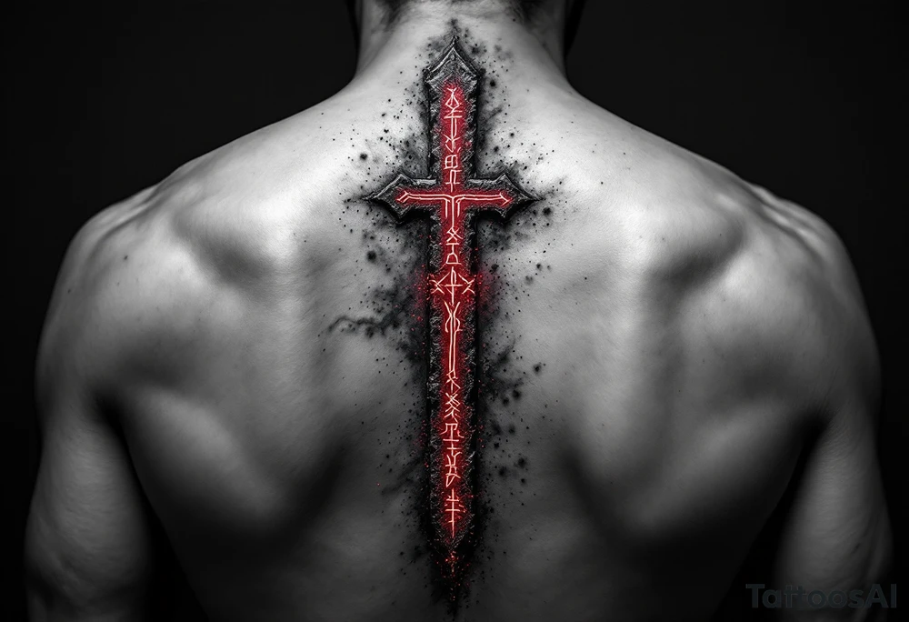 A tattoo featuring a vertical line of deep crimson Slavic runes, each carved with rough stone-like texture and glowing faintly, set against a black and smoky-gray background with subtle ash particles floating around. tattoo idea