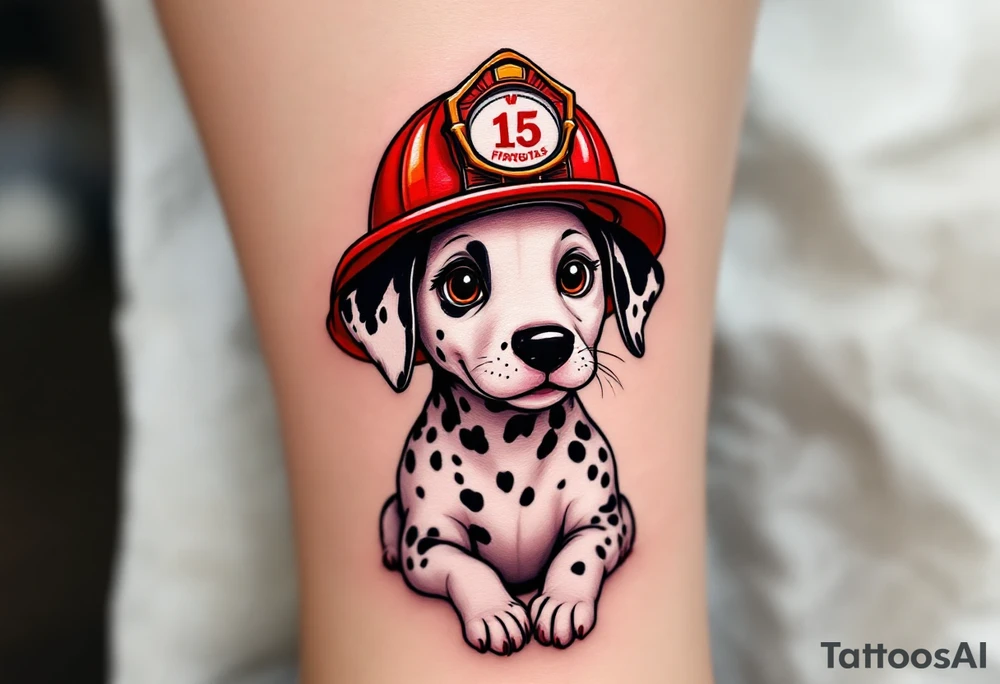 A Dalmatian wearing a firefighter’s red helmet, sitting proudly with a playful yet heroic expression, in realistic black and white tones. tattoo idea