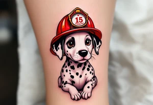 A Dalmatian wearing a firefighter’s red helmet, sitting proudly with a playful yet heroic expression, in realistic black and white tones. tattoo idea