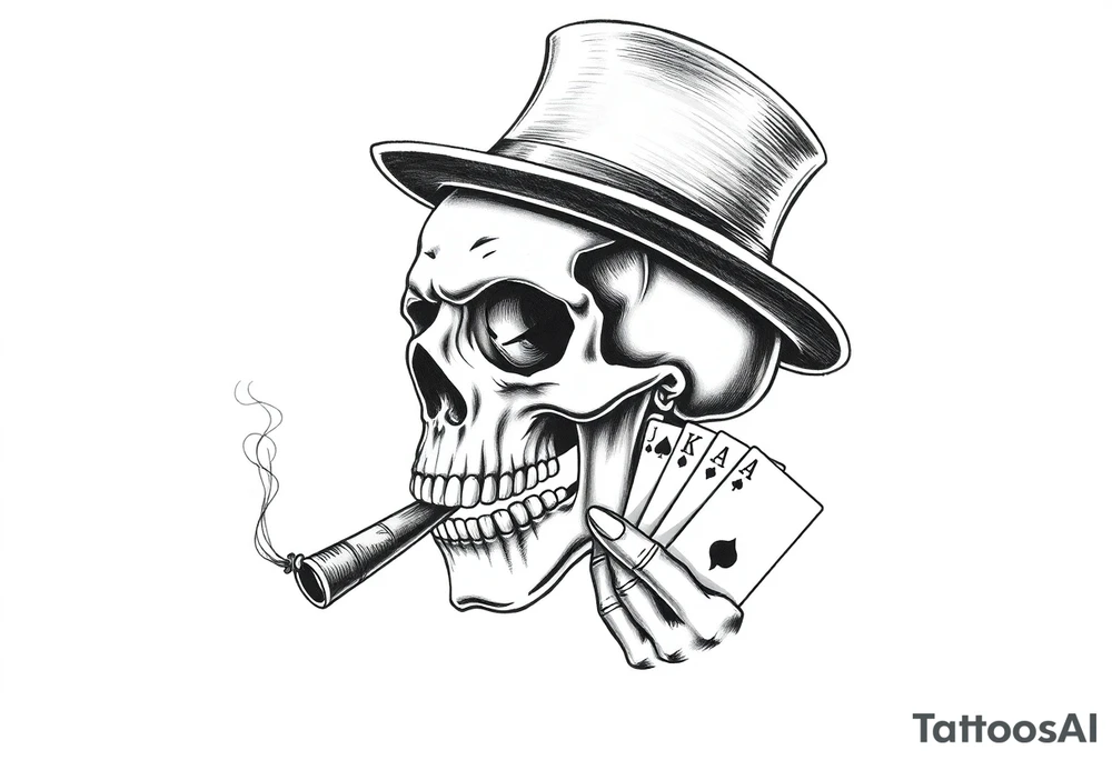 a skull with mustache,top-hat, cigar in his mouth and playing cards in a hand. tattoo idea