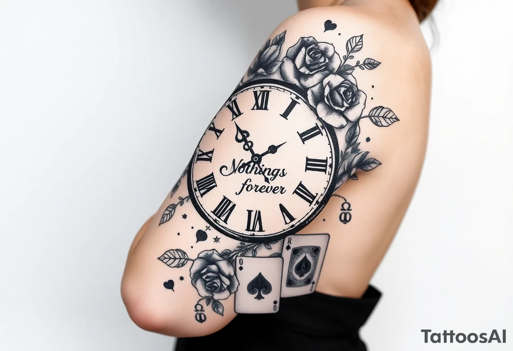 Roman clock with roses and a crown, a quote that says nothings forever. and on the bottom a deck of cards tattoo idea