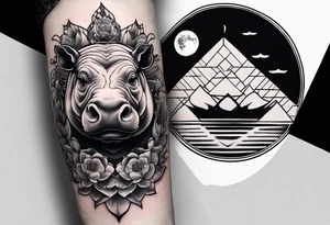 Very asymmetrical, +geometric pattern, with realistic full moon, with seeious looking hippo, +zen feel, + Buddhism touch,
with wintersweet flower bud, +portrait orientation, +inkart touch, tattoo idea