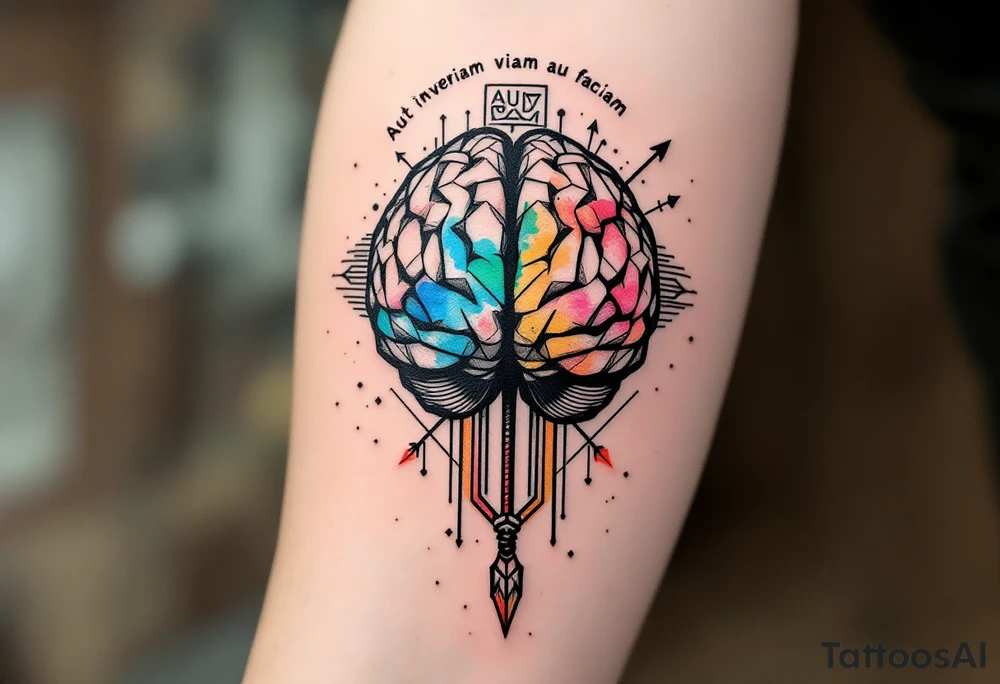 A front-seen brain in geometric and straight lines, with few watercolor details but mostly black, symbols representing intelligence arround, the phrase "Aut inveniam viam aut faciam" and a detailed arrow crossing from above with watercolors leaking from its tip tattoo idea