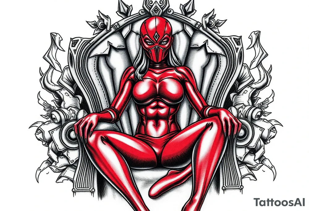 powerful female dominatrix wearing a red latex catsuit wearing a facemask sitting on her throne tattoo idea