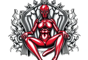 powerful female dominatrix wearing a red latex catsuit wearing a facemask sitting on her throne tattoo idea