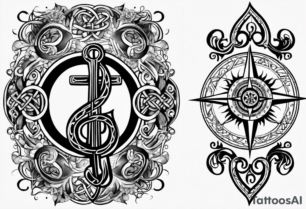 Celtic styling, anchor, compass, bass clef note, treble clef note, dog paw print, half sleeve, forearm tattoo idea