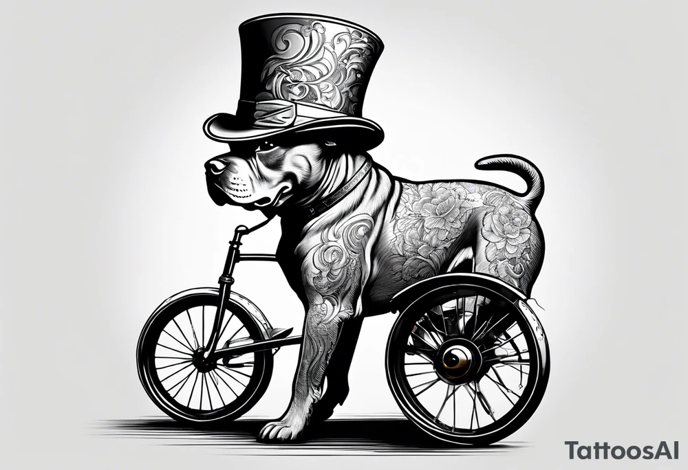Pittbull wearing a tophat riding a tricycle tattoo idea