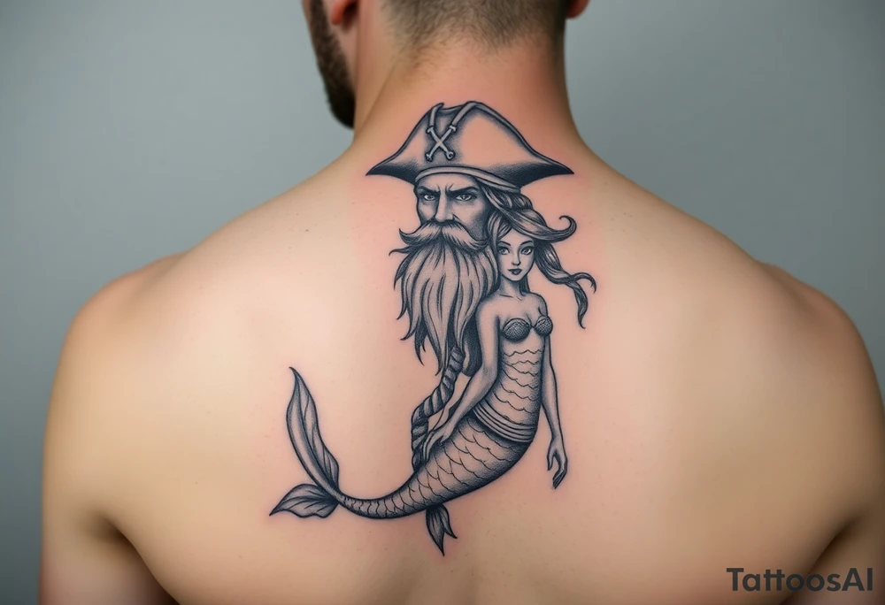 minimalist bearded pirate and mermaid tattoo idea