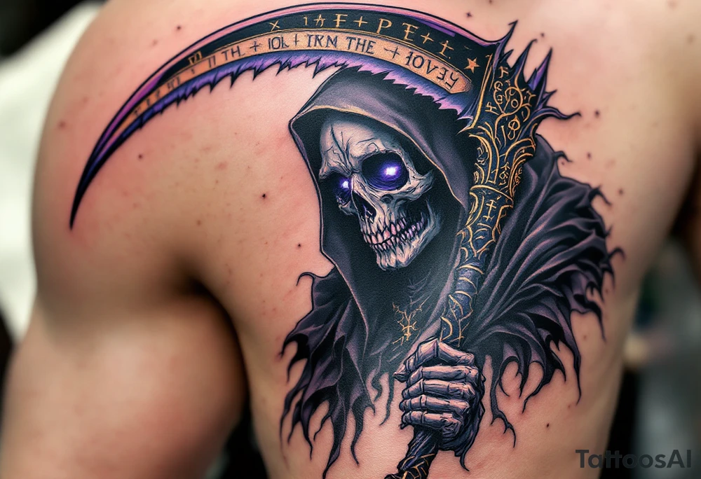 A dark Reaper with glowing violet eyes and a jagged scythe etched with ancient runes in gold. tattoo idea