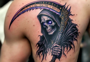 A dark Reaper with glowing violet eyes and a jagged scythe etched with ancient runes in gold. tattoo idea
